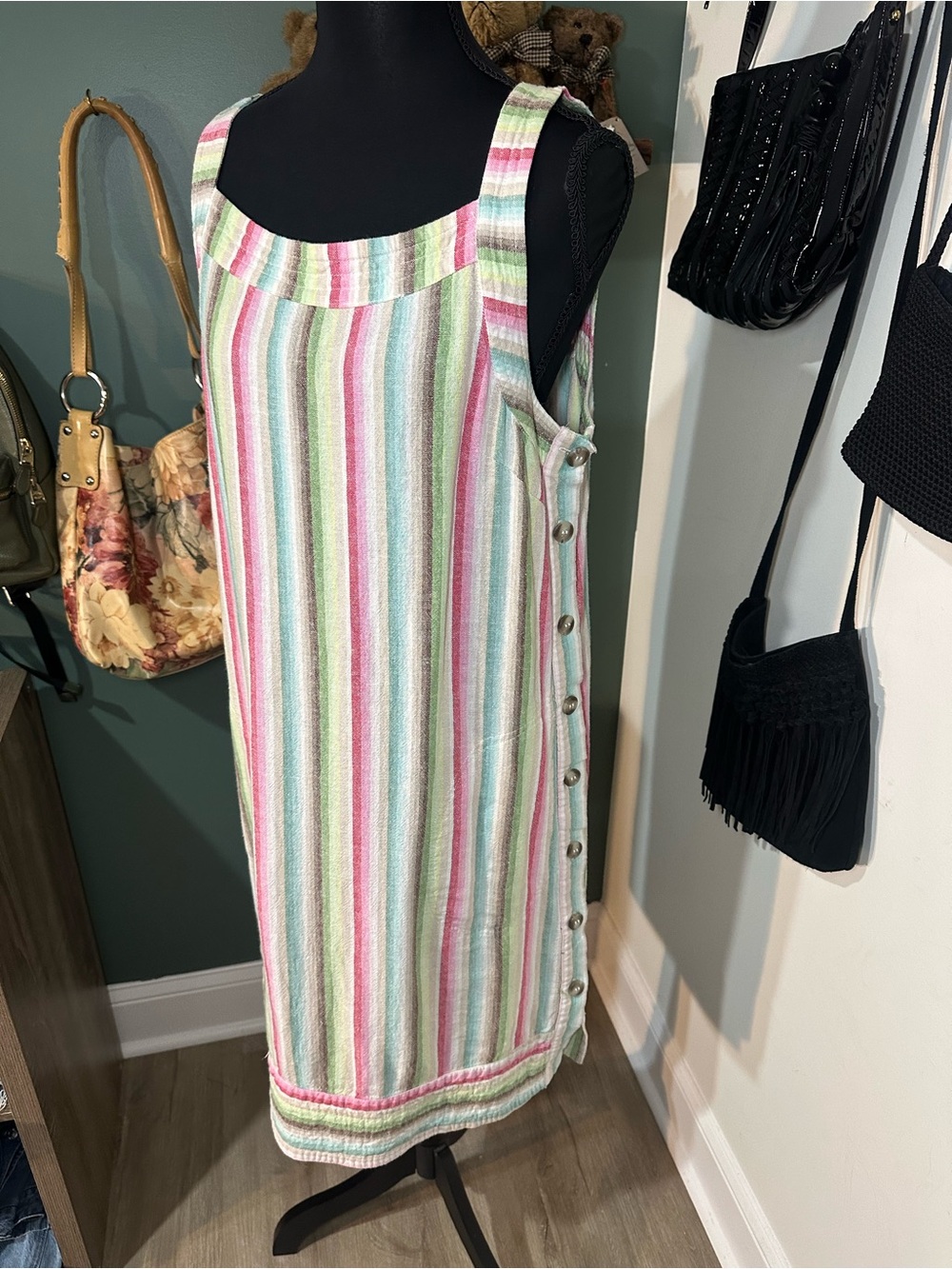 For Cynthia Linen Blend Striped Dress Boho Cottagecore Beachy Size M